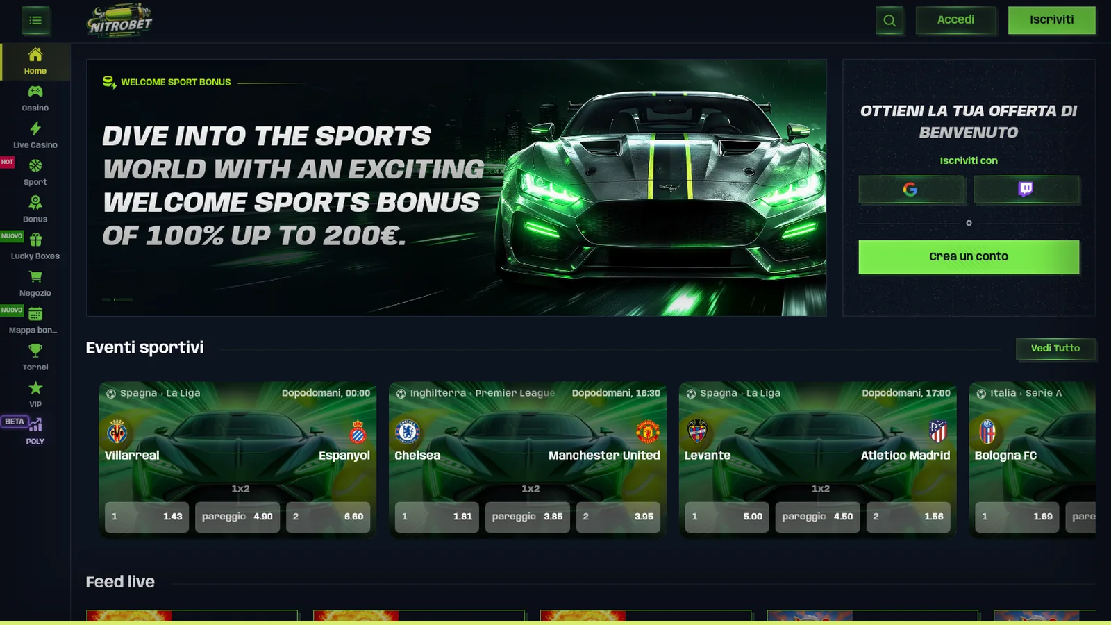 Home del sito con le scommesse sportive in evidenza: da qui raggiungi le sezioni principali