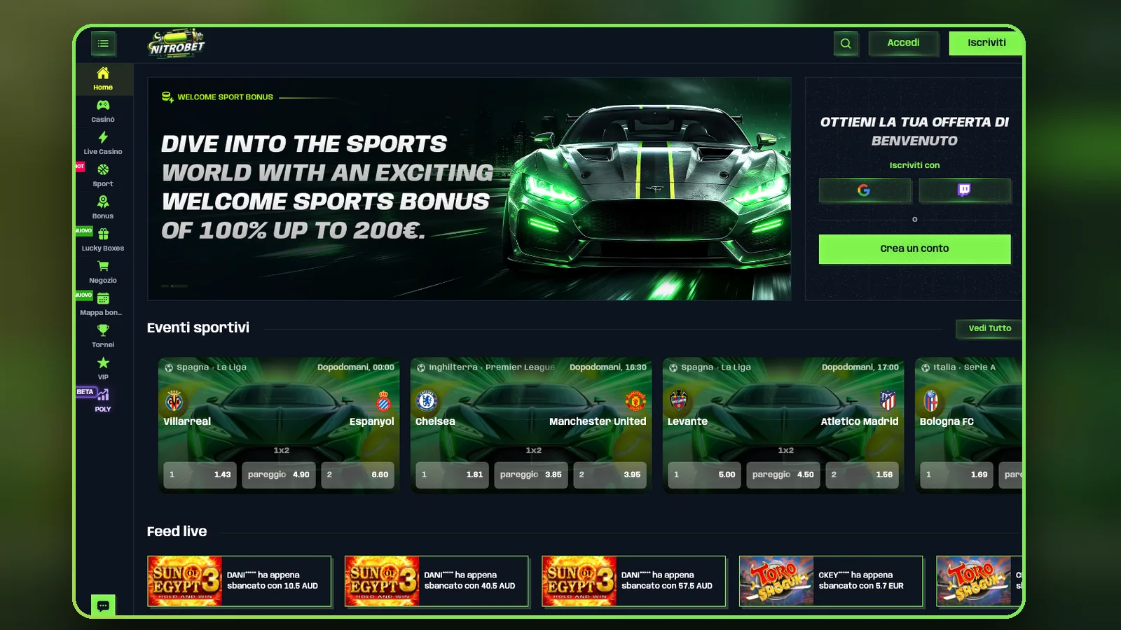 Home del sito con le scommesse sportive in evidenza: da qui raggiungi le sezioni principali