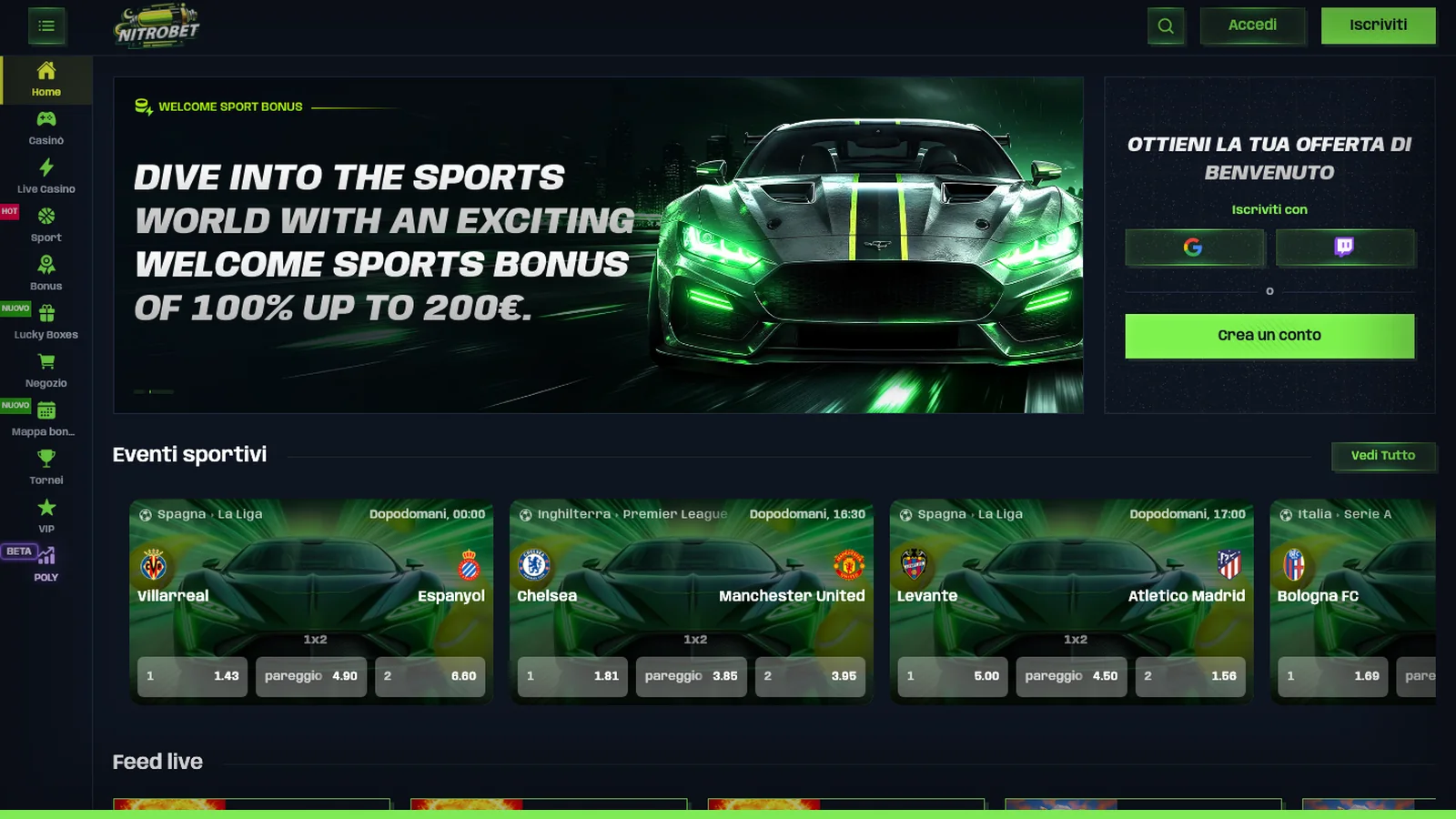 Home del sito con le scommesse sportive in evidenza: da qui raggiungi le sezioni principali