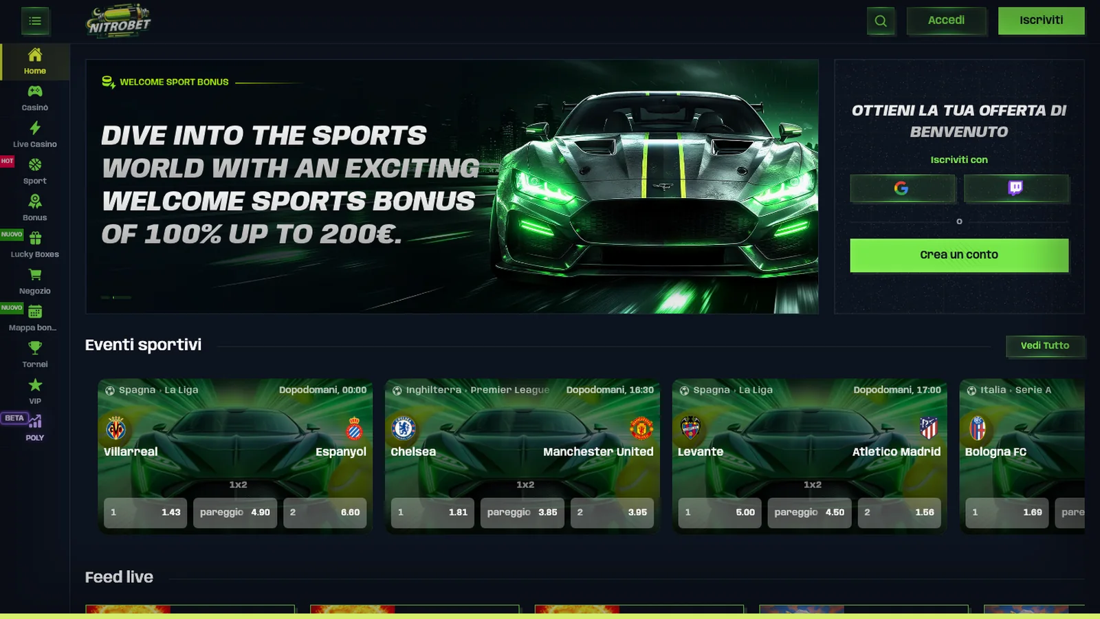 Home del sito con le scommesse sportive in evidenza: da qui raggiungi le sezioni principali